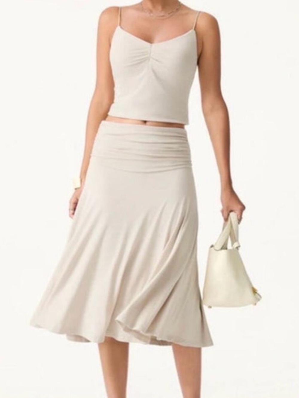 OGL Skirt Size S NEW Flowy Side Ruched A-line Midi Skirt Fog Cream Eco-SkinKiss